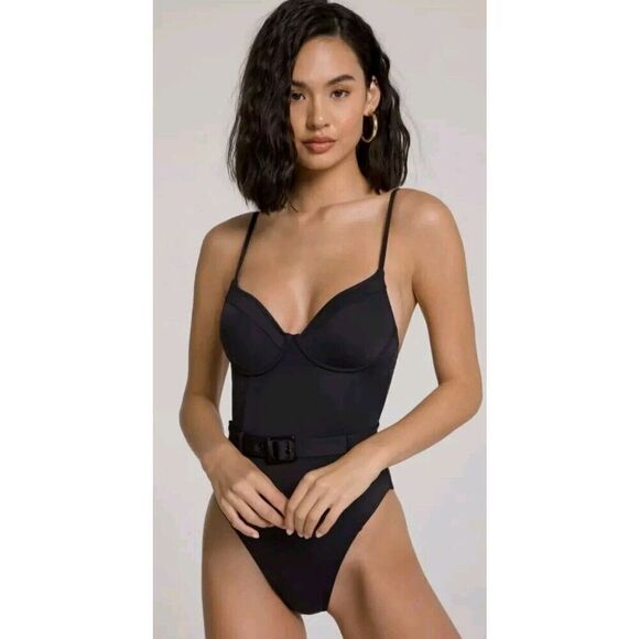 Good American Show Off Belted 1‎ Piece Swimsuit Black Size 0 (XS) NWT & Liner - Picture 1 of 11